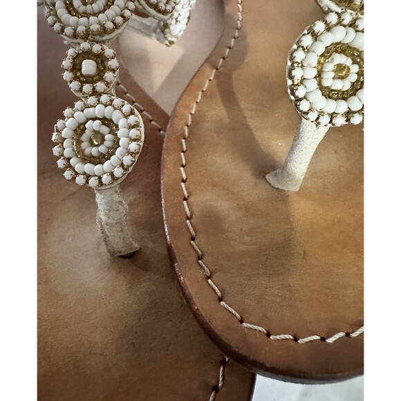 MYSTIQUE White Gold Beaded Pearl Boho Leather Thong Sandals Flip Flop Sz 8 - Picture 7 of 13